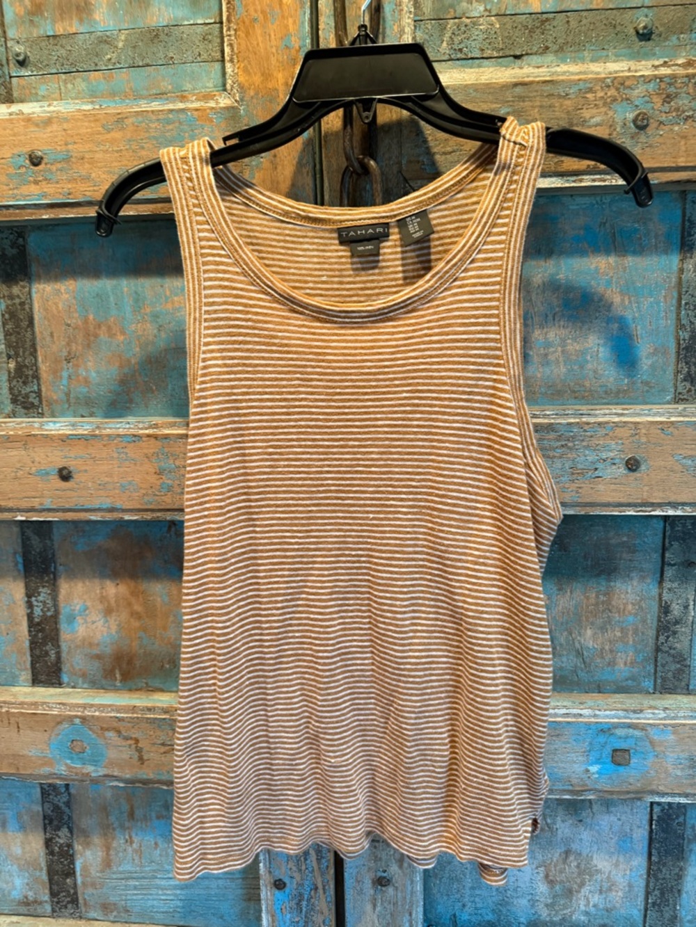 Tahari Striped Ribbed Sleeveless Tank in honey mustard yellow and white